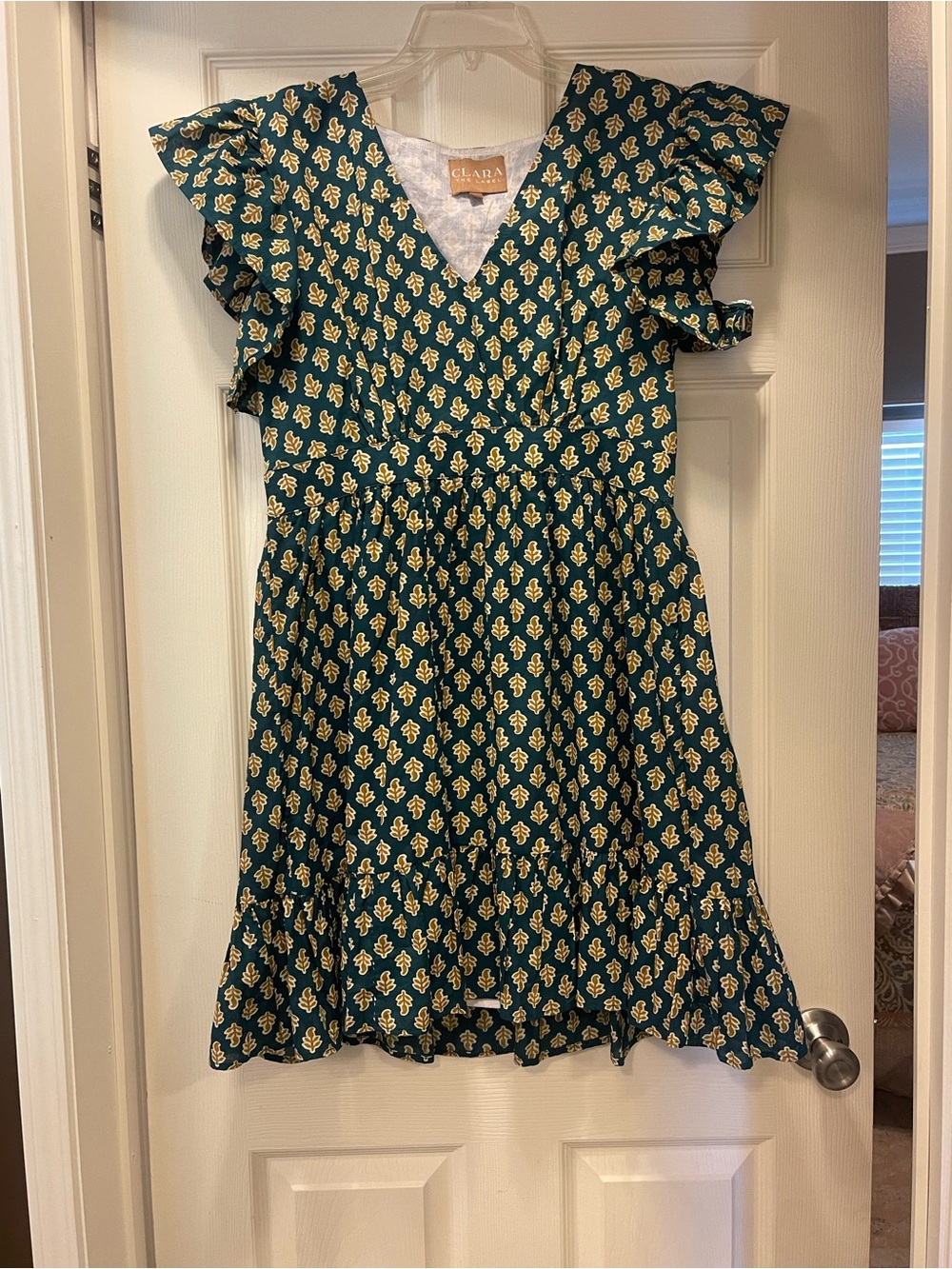 LARA Teal Floral Print Ruffle-Sleeve Dress
